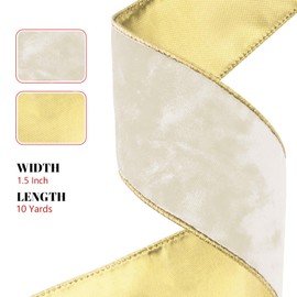 LEEQE Metallic 1-1/2 Inch Ivory Velvet Christmas Ribbon with Gold Base Crushed Velvet Wired Ribbon for Gift Wrapping Tree Wreaths Holiday Decorations Creative Crafting 10 Yards