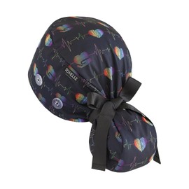 Scrub Caps Women Ponytail – Black ECG Rainbow Heart Double-Sided Printed Surgical Hat with Buttons and Sweatband, Soft Nurse Cap for Long Hair, Helps Reduce Static Buildup