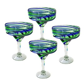 Margarita glasses - Hand blown Mexican glass, set of 4, Blue and Green swirl