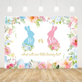 AIBIIN 7x5ft Bunny Gender Reveal Backdrop What Will Our Little Bunny Be Backdrop Spring Easter Pink Blue Floral Decor Photobooth Props