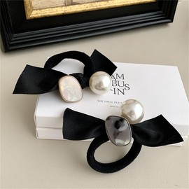 [VIISEN] Hair Rubber Scrunchie Pearl Hair Ring Set of 2 Pearlescent and Ribbon Decoration Scrunchie Stylish Hair Accessory Adult Elegant Stylish Women's Everyday Use Commute Date (Black)