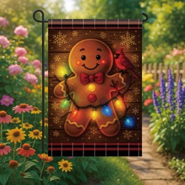 Saoplasa Christmas Garden Flag Gingerbread Man Flag 12x18 Inch Double Sided Outdoor Holiday Yard Banner Red Cardinal Lights Snowflakes Plaid Rustic Winter Lawn Porch Decor (Without Lights)