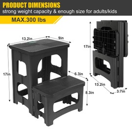 Folding 2-Step Stool for Adults Kids Non-Slip Collapsible Portable Step Stool for Kitchen Home Toilet Bedroom Office Bathroom Rv,Holds 300 Lbs(Black)