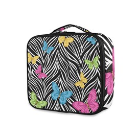 Seamless Colorful Butterflies on Black White Zebra Skin Print Large Women Makeup Bag, Train Toiletry Storage Case, Portable Coin Purse Holder Zipper Pouch Travel Cosmetic Organizer for Women and Girls