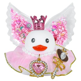 Queen Rubber Duck Car Ornaments Squeaky Pink Duck with Heart-Shaped Crystal Necklace,Star Wings,Magic Wand Ducky Car Dashboard Decorations Party Favors Ducky with Mini Crown Dress
