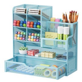 Marbrasse Mesh Pen Holder for Desk, Multi-Functional Pencil Organizer with Drawer, Desk Organizers and Accessories for Office Art Supplies (Blue)
