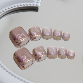 Press on Toenails Butterfly Fake Toe Nails Glitter False Toenails Glossy Full Cover Acrylic Glue on Toenails with Designs Purple Toe Press on Nails Artificial Stick on Toenails for Women Manicure