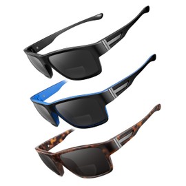 SKYOAK 3 PACK Evolved Unbreakable Bifocal Reading Sunglasses Men TR90 Frame Wrap Around Design Glasses UV 400 Protection Outdoor Sun Reader Sports/Driving (Black & Blue & Tortoise +1.50)