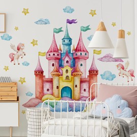 Magical Princess Castle Wall Stickers for Girls Room Peel and Stick Unicorns Cloud Star Wall Decals for Kids Room Nursery Bedroom (Colorful A)