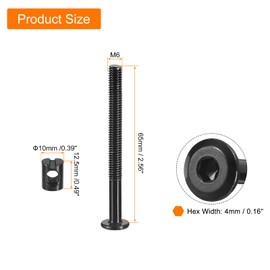 QUARKZMAN Pack of 10 Hex Bolts Bolts with Barrel Nuts, M6 x 65 mm Hex Furniture Bed Bolts with Wrench for Chairs and Cribs, Black