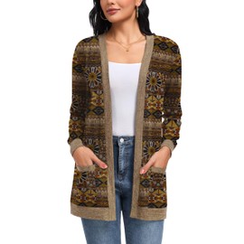 GRECERELLE Cardigan for Women Lightweight Open Front Knit Sweater Long Sleeve Casual Loose with Pockets Round Flower Brown-L