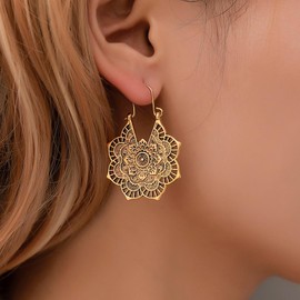 Inateannal Mandala Dangle Earring Gypsy Mandala Flower Earrings Tribal Hollow Floral Earrings Retro Metal Mandala Earrings Gold Filigree Flower Drop Earrings Jewelry for Women