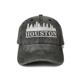 Shenbors Houston Skyline Baseball Cap for Men Women, City of Texas Hat, Washed Black Cotton Snapback Hat Trucker Hats