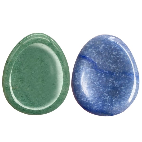 Neyisaa 2Pcs Natural Crystal Thumb Worry Stone, Hand Carved Teardrop Pocket Stones for Anxiety Stress Relief Meditation Healing Reiki, Green & Blue Aventurine