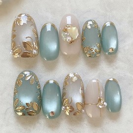 Oval Press on Nails,Handmade Fake Nails with 3D Pearl & Gold Leaf Designs | Cyan Cat Eye Acrylic Nails,Full Cover Glossy False Nails,Reusable Stick on Nails for Women Girls Daily Nail Art 30Pcs
