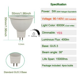 CIKAMIO mr16 led Bulb dimmable 120v 110V 5W 6000K Daylight White Cool White Spot Light gu5.3 cob 50w Halogen Bulb replacment for mr16 Fixture Tracking Light (110-130V dimmable 6000K, Pack of 4)