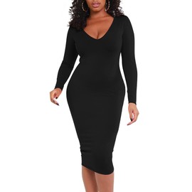 BORIFLORS Women's Sexy Bodycon Long Sleeve Deep V Neck Club Party Midi Pencil Dresses, Medium, Black
