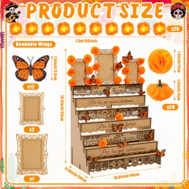 34 Pcs Dia De Los Muertos Decorations Day of the Dead Altar Kit Dia De Los Muertos Altar Ofrenda Included 6 Inch Marigold Garland with Light Flower Butterfly (Vintage)