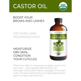 velona USDA Certified Organic Castor Oil – 16 fl oz in Glass Bottle | Cold-Pressed, Hexane-Free, USP Grade | Promotes Hair Growth, Eyelash & Eyebrow Enhancement | Bottled in USA