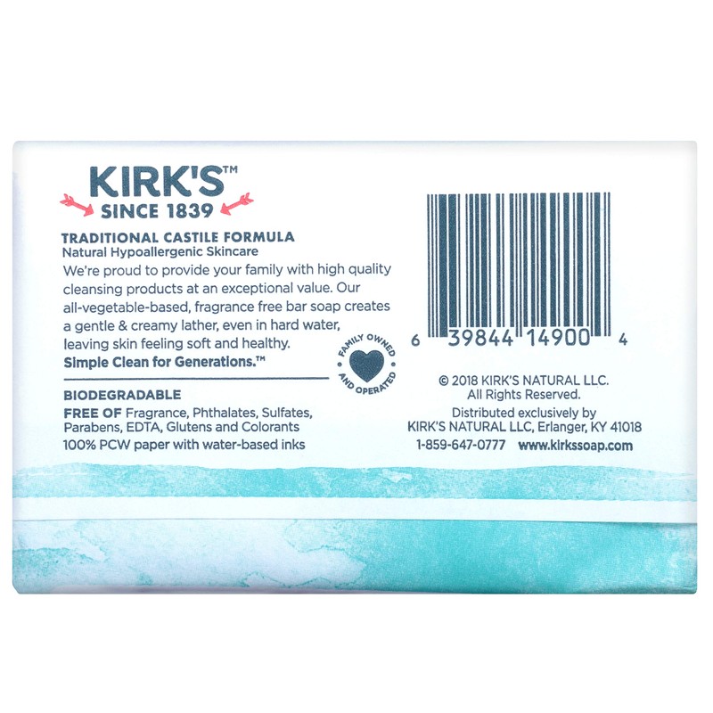 Kirk's Original Coco Castile Bar Soap Fragrance Free 4 Ounces