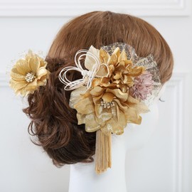 [京都きもの友禅]髪飾り 結婚式 成人式 卒業式 水引 和装 振袖 袴 浴衣 七五三 着物 ヘアアクセサリー アクセサリー 造花 水引 可愛い 2点セット (25w300 ゴールド)