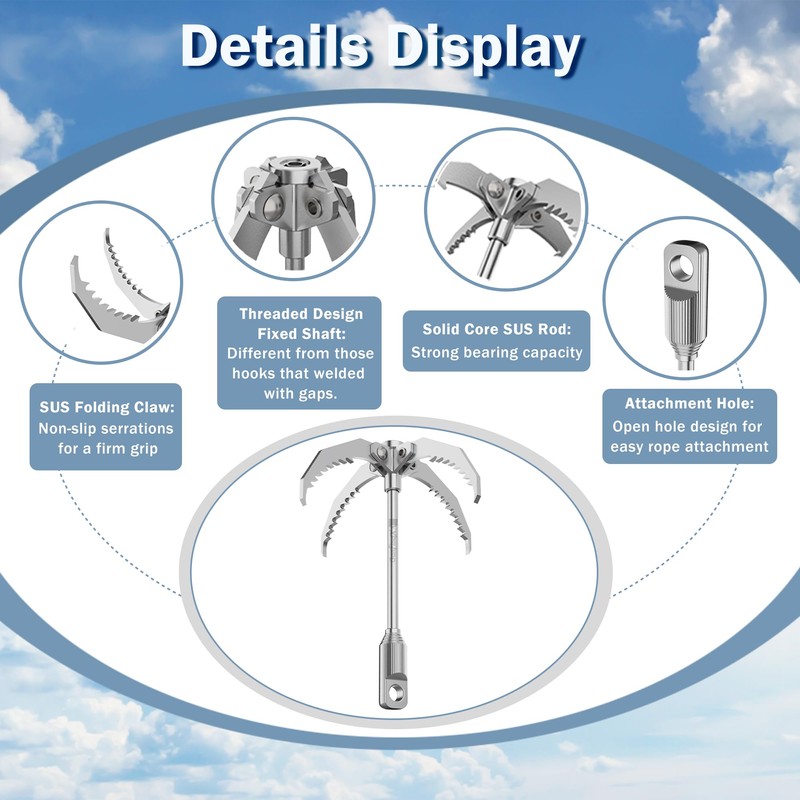 GanFindX Stainless Steel Grappling Hook Folding Claw Design for Camping