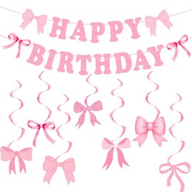 Bow Birthday Party Decoration, Pink Bow Birthday Banner Pink Bow Party Hanging Swirls for Girls Woman Coquette Birthday Party Baby shower(Pink)