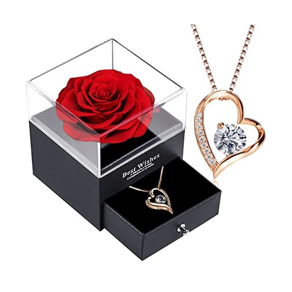 SWEETIME Eternal Rose Gift Box Preserved Rose with Necklace,Forever Red Rose with 925 Sterling Silver Heart Necklace, Enchanted Real Flower Box for Her on Valentine's Day Anniversary