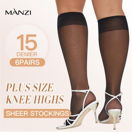 MANZI 6 Pairs Plus Size Sheer Knee Highs Stocking for Women Super Wide Nylon Trouser Queen Socks Black XL-XXL