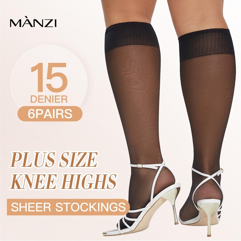 MANZI 6 Pairs Plus Size Sheer Knee Highs Stocking for