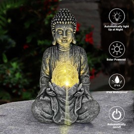 Yeomoo Meditation Buddha Figure Garden Decoration for Outdoor Use - Zen Buddha Decoration Large with Solar Lamp Glass Ball Figures Gifts for Mum/Women Japanese Decoration for Balcony, Garden, Patio