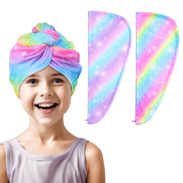 MHJY Microfibre Hair Towel Wrap Kids 2 Pack Head Towel Wrap Girls Rapid Drying Hair Turban Unicorn Wet Hair Ultra Absorbent Twist with Button Head Dry Hat for Women Child