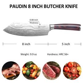 PAUDIN Meat Cleaver 8 Inch Butcher Knife, High Carbon Stainless Steel Cleaver Chef Knife, Sharp Kitchen Knife Heavy Duty Meat Cutting Knife, Wood Handle