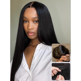 Nadula Bye Bye Knots Yaki Straight Glueless Wig Human Hair with Elastic Drawstring Pre Cut 7x5 Invisible Knots HD Lace Front Put on and Go Wigs Pre Everything Glueless Light Kinky Staight Wigs 18inch