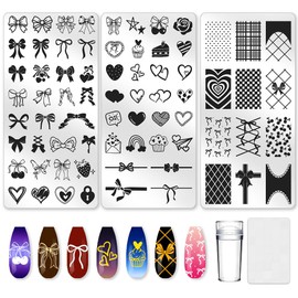 beinkmake 3Pcs Bow Nail Stamping Plate Set Girly Elements Romantic Heart Shape Stainless Steel Nail Stamp Templates Clear Silicone Nails Stamping with Stamper Scraper for Manicure Printing