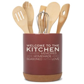 Elanze Designs Welcome to the Kitchen Ceramic Cork Bottom Red Large Capacity Utensil Holder Crock for Countertop Storage, Stylish & Durable for Spoons, Spatulas, and Cooking Tools