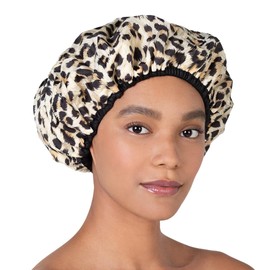 Reusable Nylon Shower Cap & Bath Cap, Reversible Oversized Waterproof Shower Caps Large Designed for all Hair Lengths w Terry Lining & Elastic Band Stretch Hem Hair Hat - Socialite Safari Spots