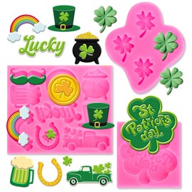 Whaline 3Pcs St. Patrick's Day Fondant Molds Shamrock Hat 3D Silicone Moulds Lucky Clover Coin Pot Truck Beer Pattern Resin Molds Cupcake Cookie Baking Decorating Moulds for Irish Holiday DIY Candy