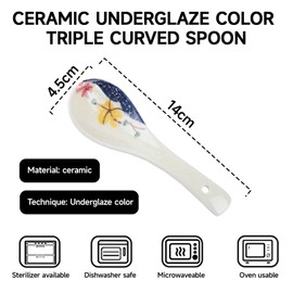 Counius Set of 6 Ceramic Soup Spoons - Retro Pattern Ramen Spoon - Asian Chinese Spoon