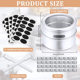 Magnetic Spice Storage Set 36 Pcs Stainless Steel Spice Jars with 72 Pcs Spice Labels Marker Pen Magnetic Spice Tins Magnet Spice Storage Containers with Clear Lid for Fridge and Grill, Sift and Pour