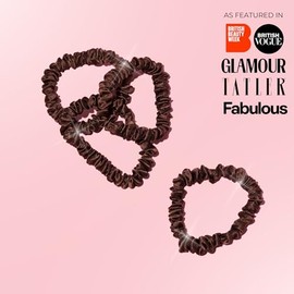 Silkie SILKIE x4 Set 100% Pure Mulberry Silk Brown Skinny Scrunchies Travel Pouch Everyday Hair Ties Elastics Hair Care Ponytail Holder No Damage (Praline)