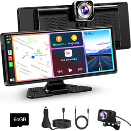 Carplay Screen for Car, 10.26“ HD IPS Wireless Portable Touch Screen with Apple Carplay Car/Android Auto, with Mirror Link/4K Dash Cam/1080P Rear Camera/BT/FM/Voice Control