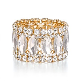 BriLove Wedding Bridal Elegant Crystal Double Row Rhinestones Marquise Cluster Stretch Bangle Bracelet for Bride Clear Gold-Tone