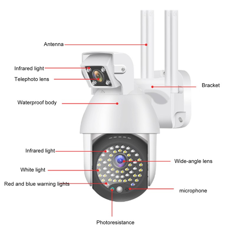 1080P Wifi PTZ Camera 60 Lights Dual Lens IP66 Waterproof
