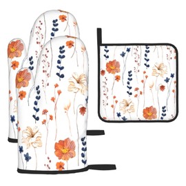 Watercolor Orange Floral Oven Mitts and Pot Holders Set Heat Resistant Non Slip Set of 3 Navy Blue and Orange Flower Decorative Kitchen Gloves Hot Pads for Cooking BBQ Baking Grilling