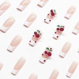 CEWEWP French Tip Press on Nails Long Square Pink Fake Nails Red Diamond False Nails Red Cherry Nail Charms Designs Press on Nail Summer Acrylic Full Cover Glue on Nails for Women Girls 24 Pcs