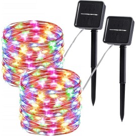 DOSYU 20M Cadena Luces Led Solares, 2 Pack 33FT 100 LED Guirnalda Navideñas Decorativas Cadena de Tira LED con 8 Modes de Iluminación Impermeable ,para Jardín, Patio, Hogar,Fiesta de Navidad(WRGB)