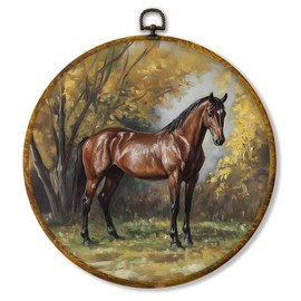 shiviody Vintage Horse Canvas Wall Art Decor, Country Brown Horse Wall Art Decor, Classic Horses Round Hanging Frame Prints Decorations for Farmhouse Bathroom Bedroom Living Room 10"x10"