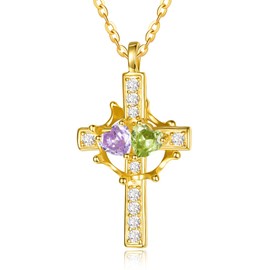 Birthstone Cross Necklace with Crown Sterling Silver Alexandrite Peridot Jewelry June August Birthstone Pendant Cross and Crown Necklace for Women Anniversary Birthday Jewelry Gifts for Women