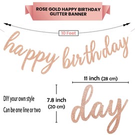 Weforu Glitter Rose Gold Happy Birthday Banner with Tissue Paper Tassels Garland for Birthday Decorations Gold Happy Birthday Sign for Baby Girls Women